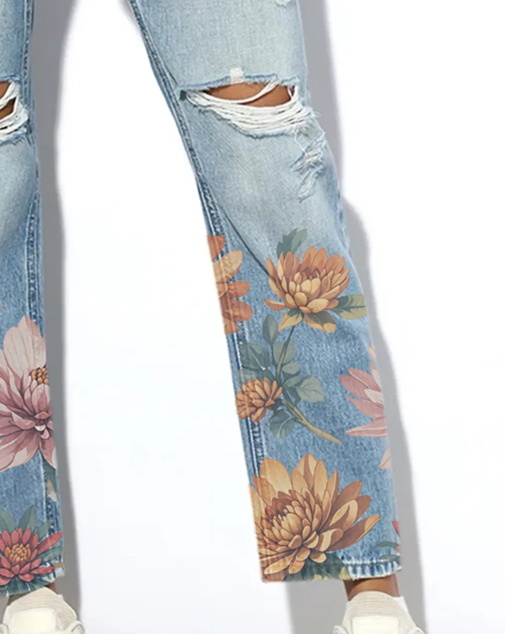 Light Blue Distressed Floral Print Jeans