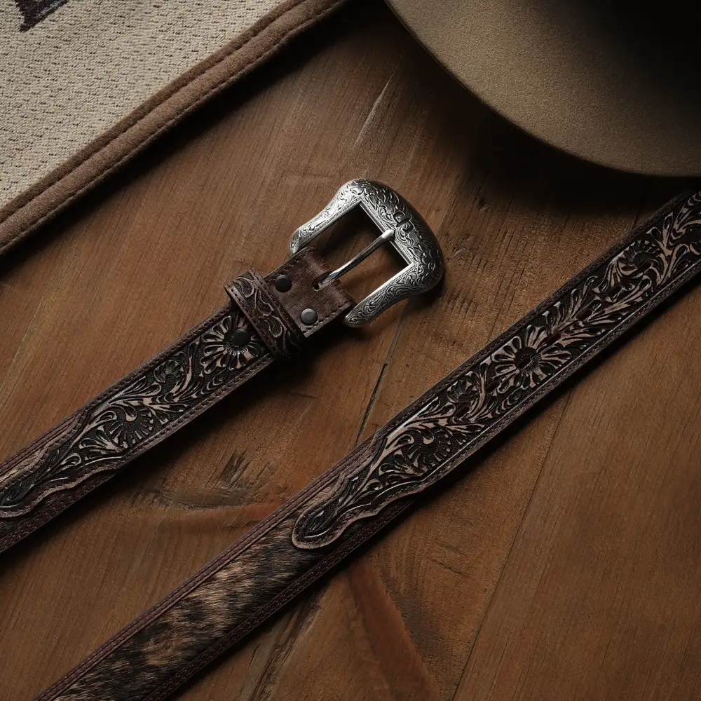 Hair-on-Hide Tooled Tab Belt