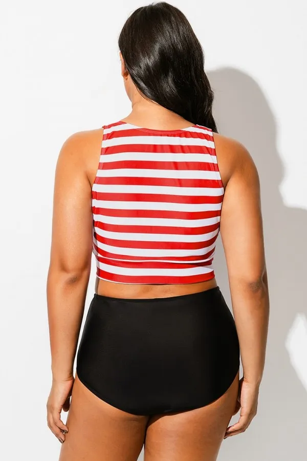 Red & White Striped Knotted Crop Bikini Top