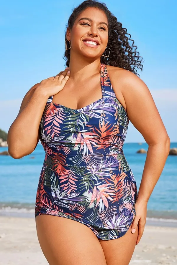 Tropical Print Sarong Front One Piece Swimsuit