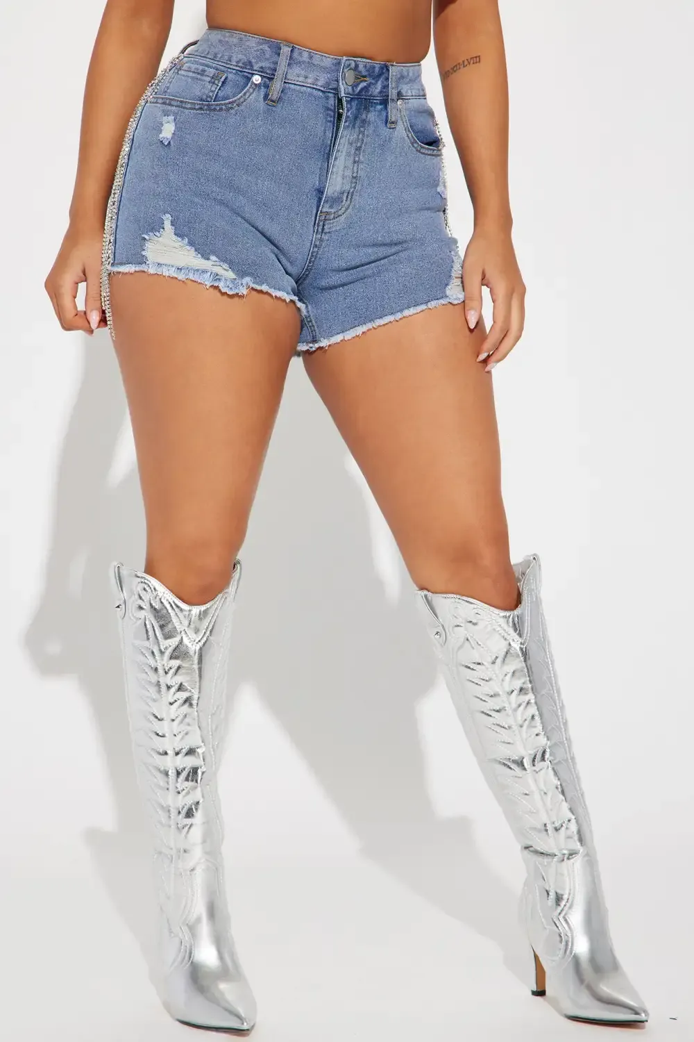 See Me Shine Embellished Stretch Denim Shorts - Light Wash
