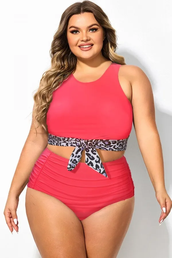 Leopard Print Stitching Knotted Crop Bikini Top