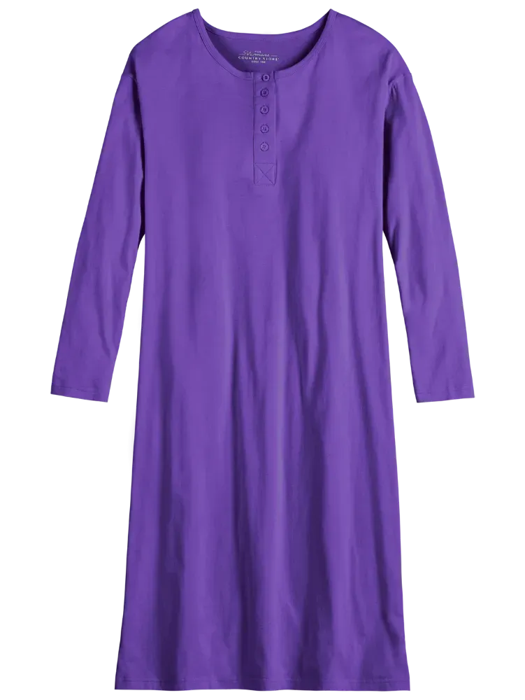 Comfort Knit Solid Color Cotton Long-Sleeve Nightgown