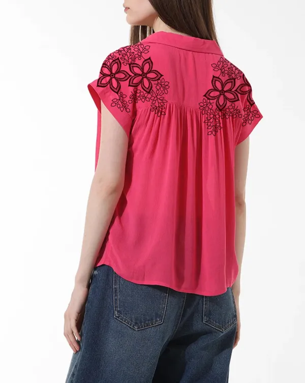 Pink Floral Embroidered Polo Style Blouse