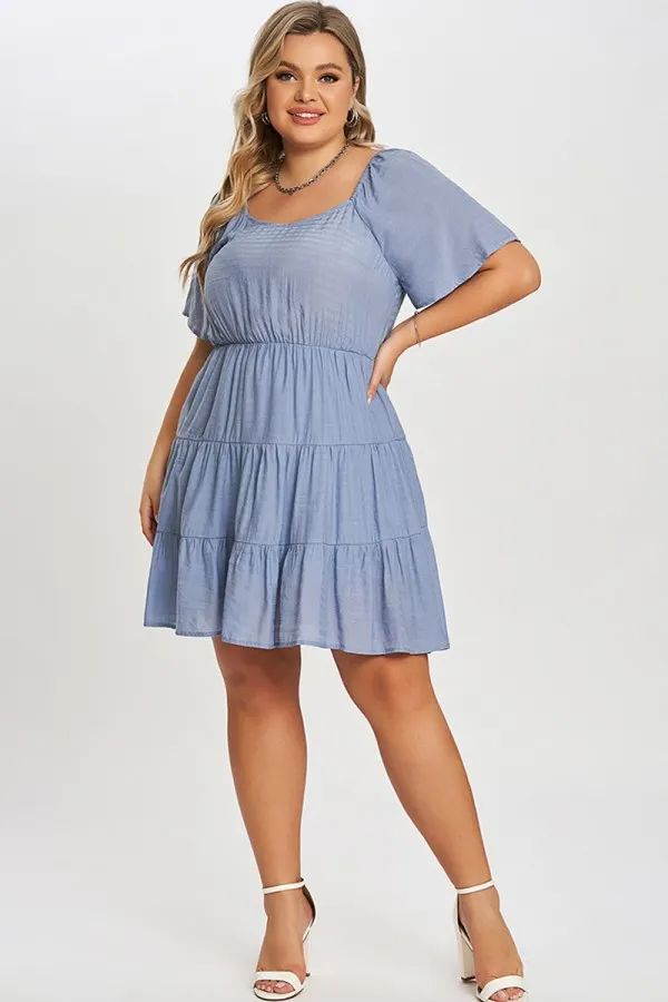 Denim Color Tiered Style Ruffle Sleeves Party Dress