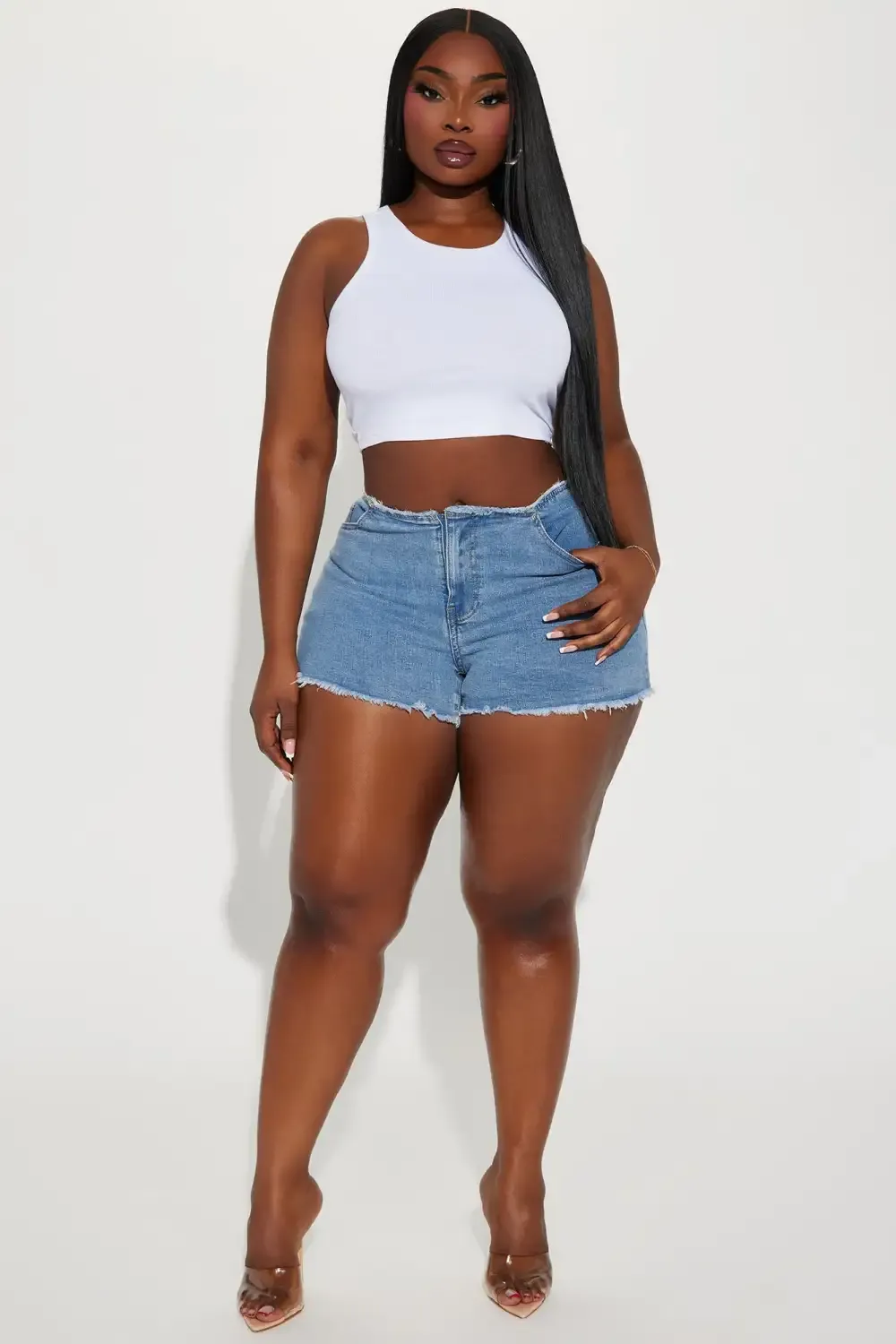 Visions Cut Off Waistband Stretch Denim Shorts - Medium Wash