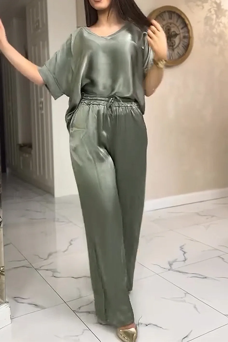 Women'S Contrast Color Stitching Smooth Top And Pants 2-Piece Set