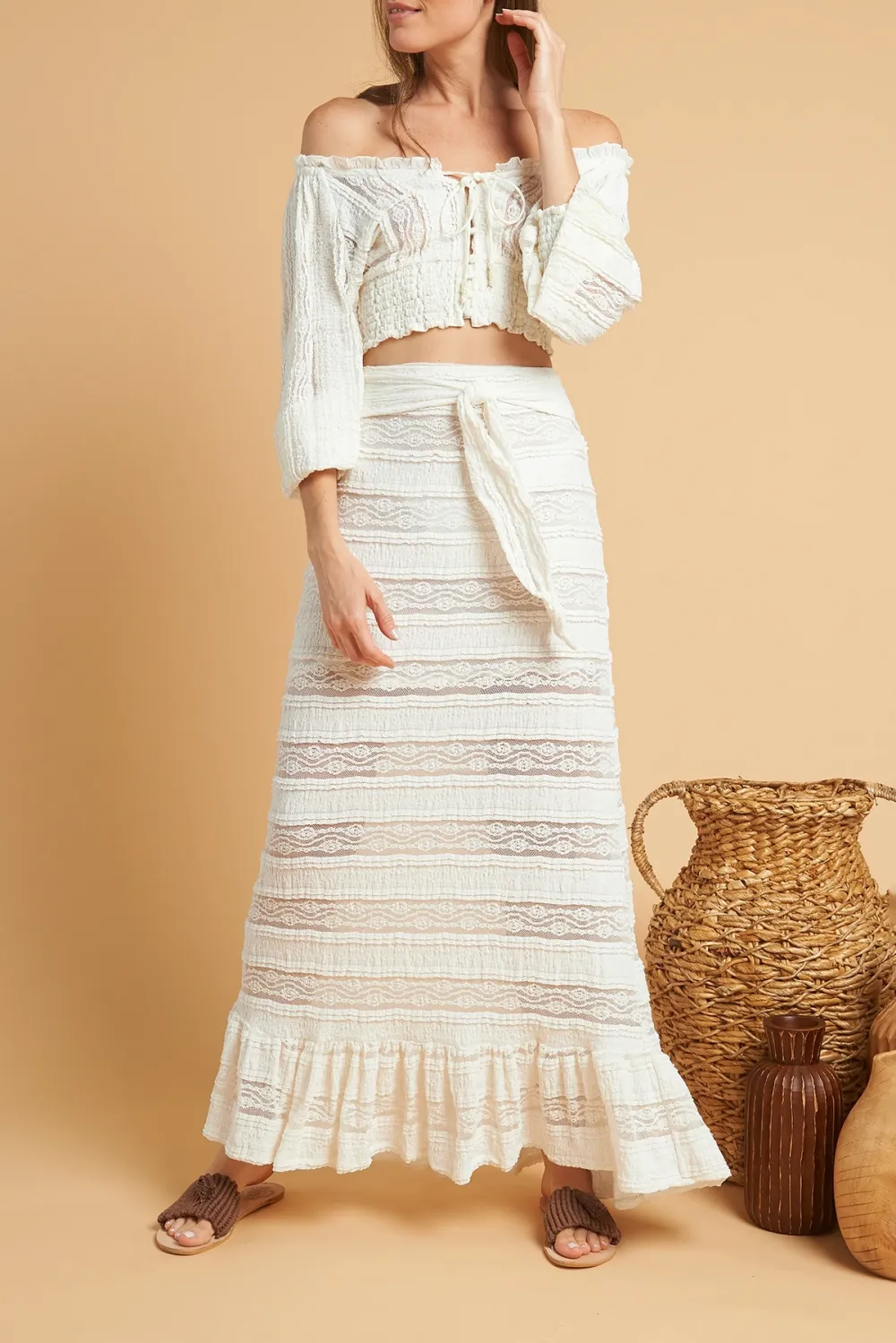 White Crochet Detail High Waisted Maxi Skirt