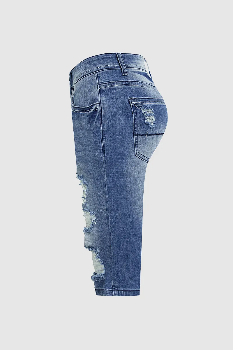 Wash Cut Out Low Waist Denim Bermuda Shorts