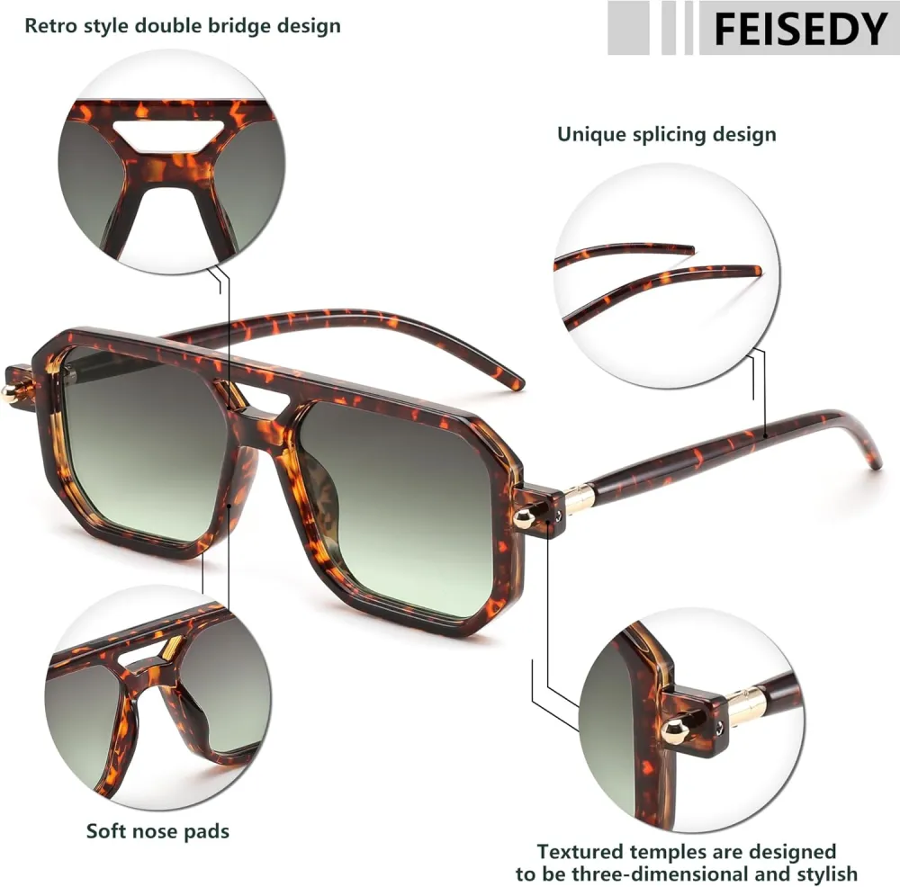 FEISEDY Vintage Square 70s Flat Aviator Sunglasses Women Men Classic Retro Stylish Frame UV400 Sunglasses B2622