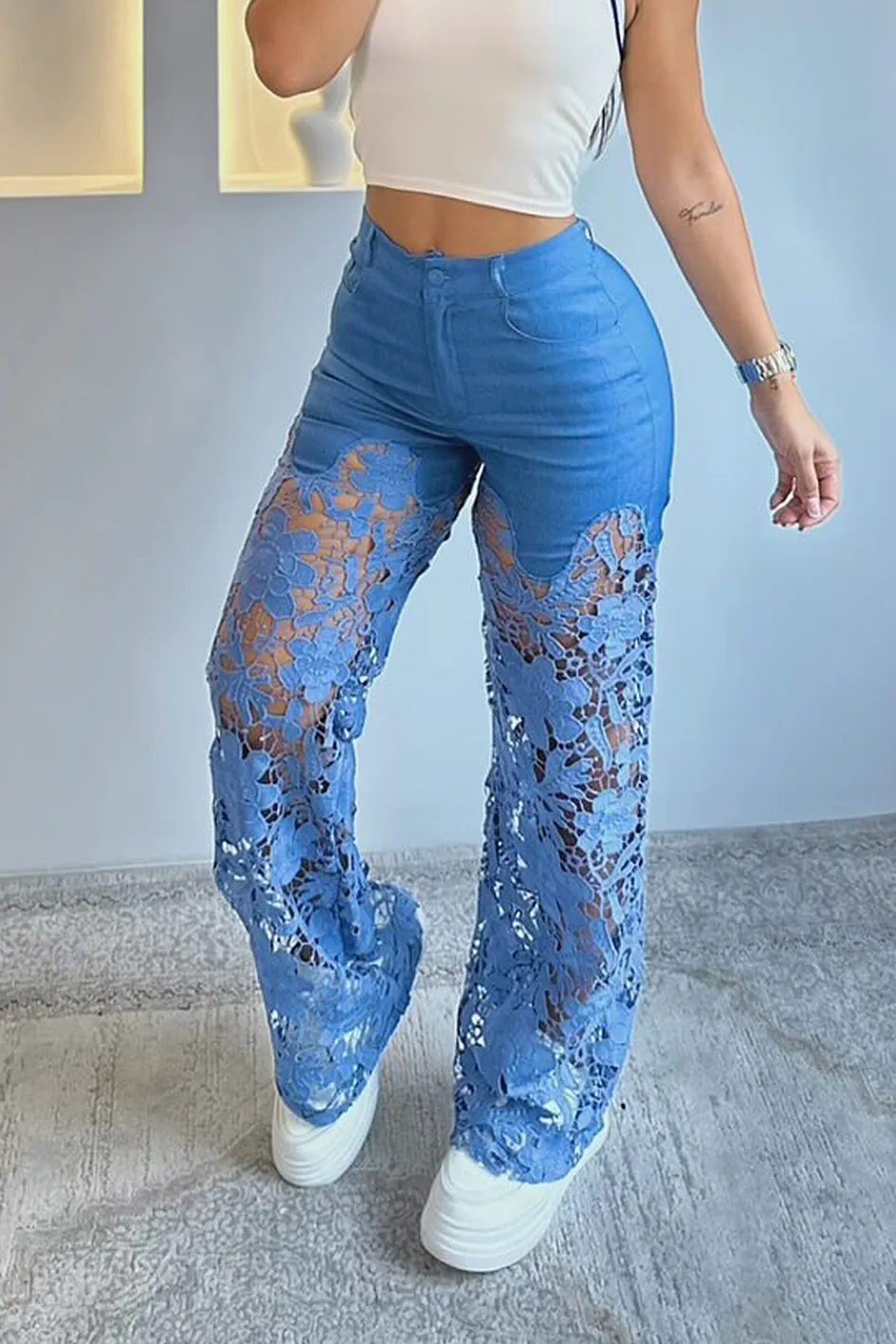 Women'S Fashion Lace Hollow Stitching Jeans