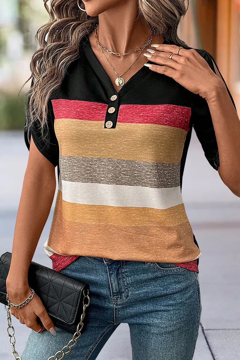 Colorblock Button Front Hollow Out Short Sleeve V Neck T-Shirt