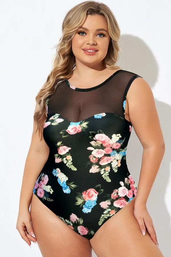 High Neck Black Floral Print Mesh One Piece Swimsuit