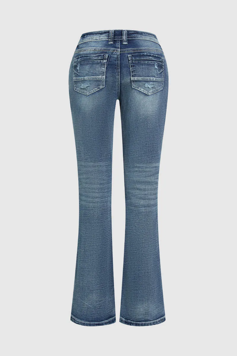 Wash Stretchy Ripped Detail Mid Waist Flare Jeans