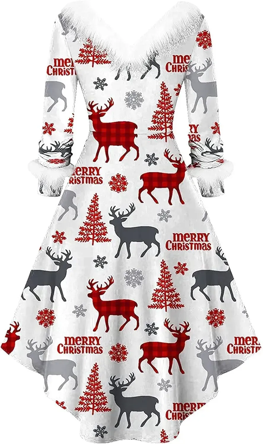 Womens Christmas Dress Fuzzy Mrs Claus Christmas Holiday Xmas Cocktail Holiday Party Flare Dress