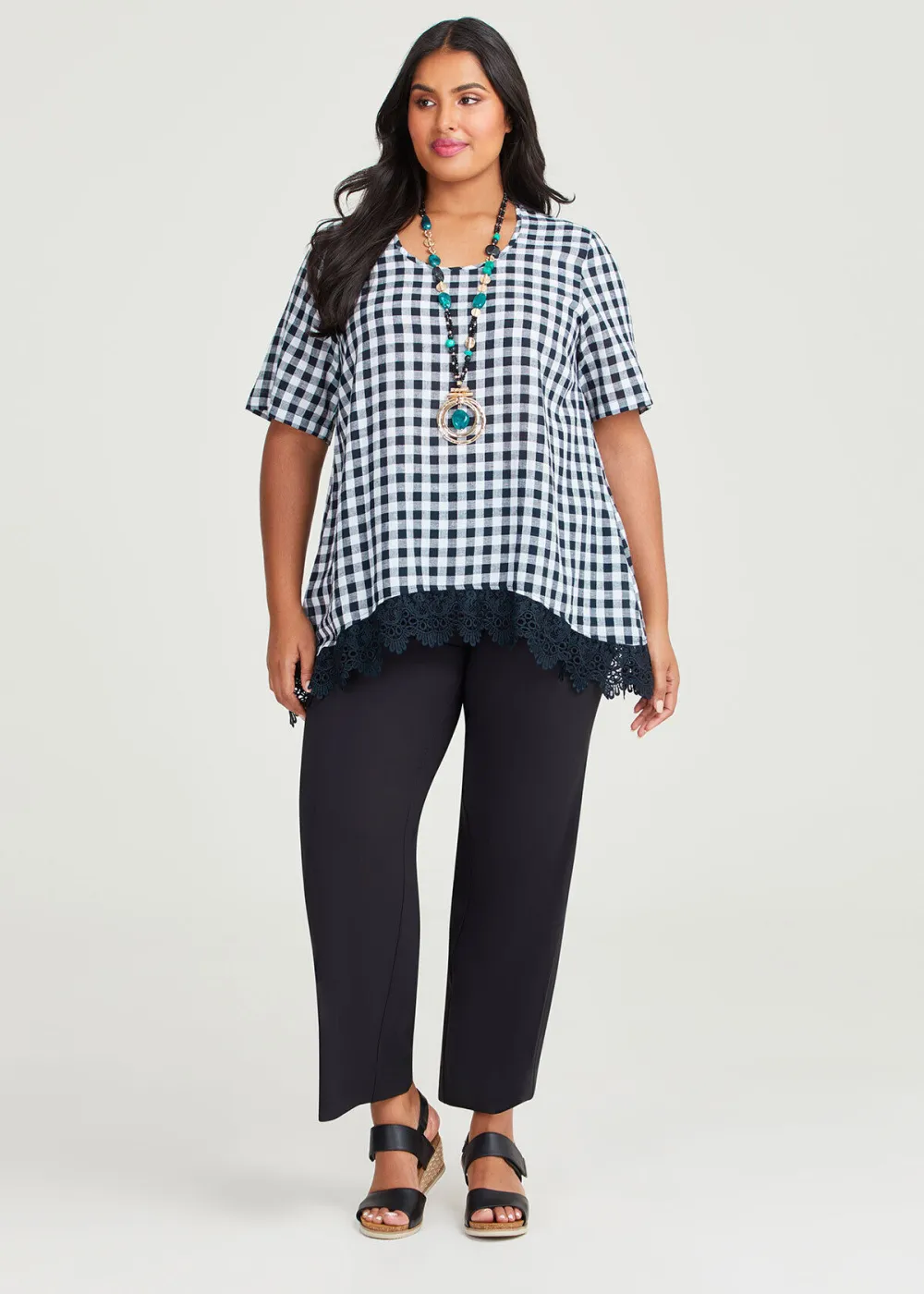 Linen Blend Check Lace Top
