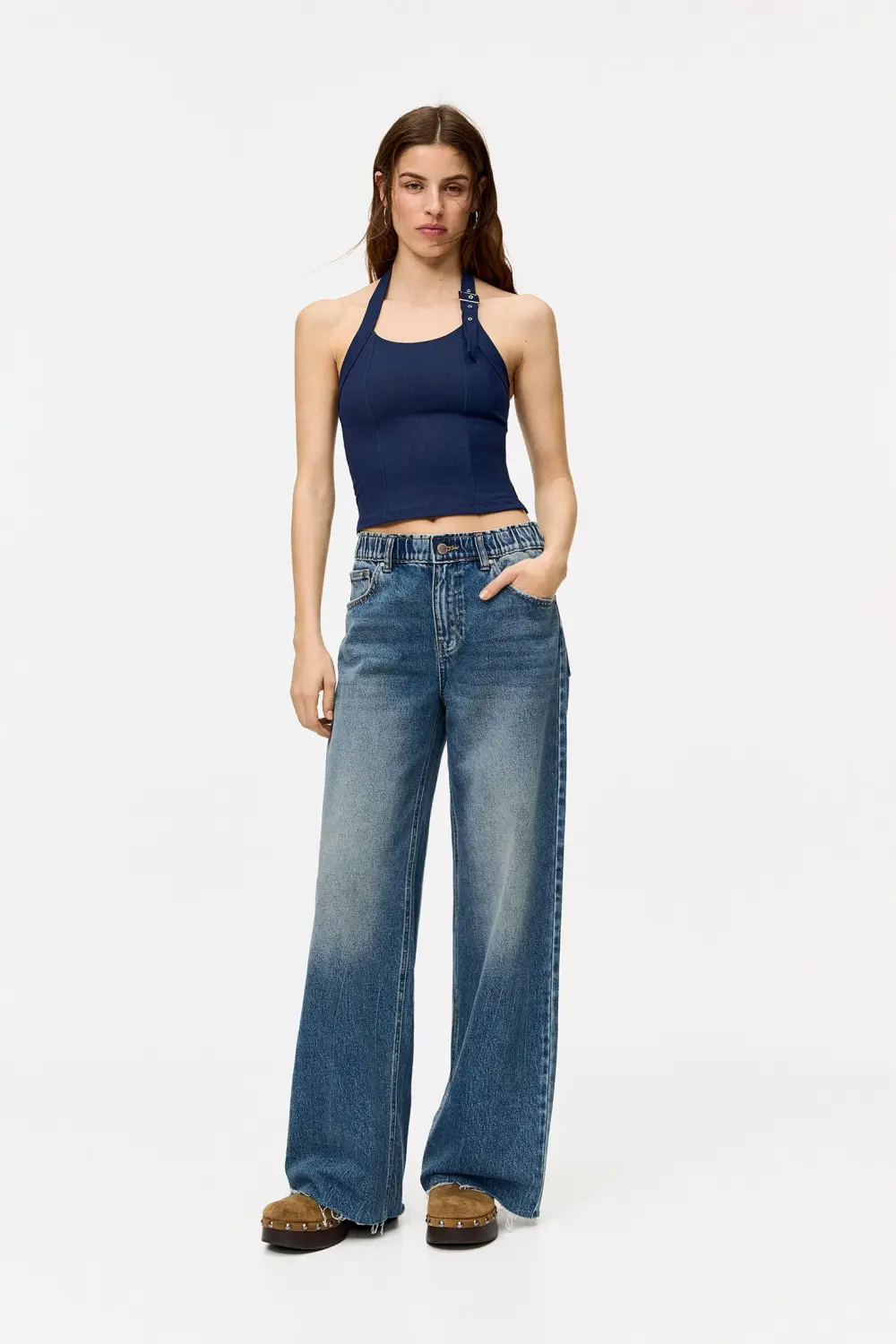 Jeans baggy wide leg cintura elástica