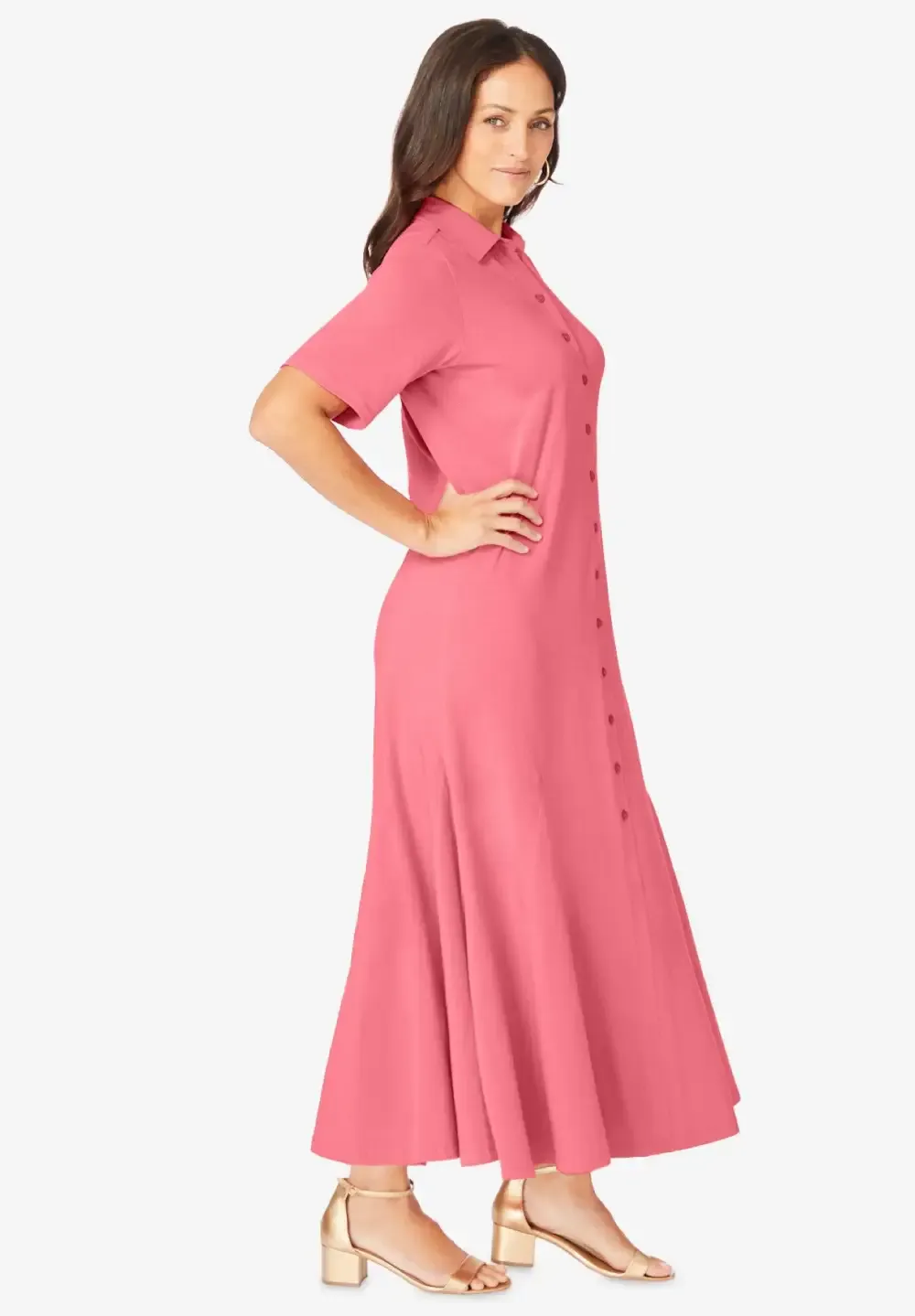 Stretch Cotton Button Front Maxi Dress