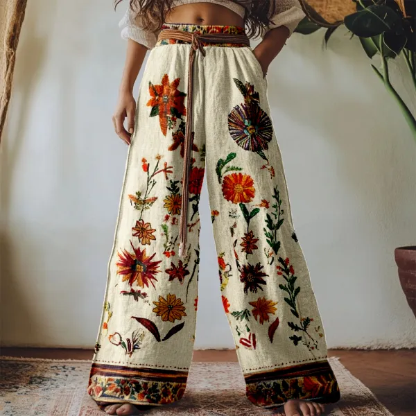 Vintage Floral Embroidered Linen Blend Comfy Pants