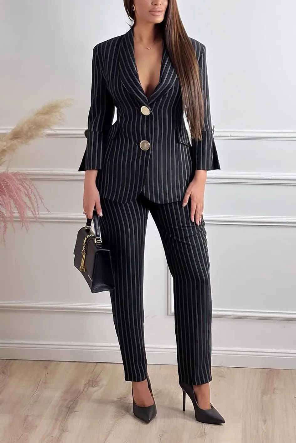 Women'S Fashion Striped Casual Slit Top And Pants Two-Piece Set