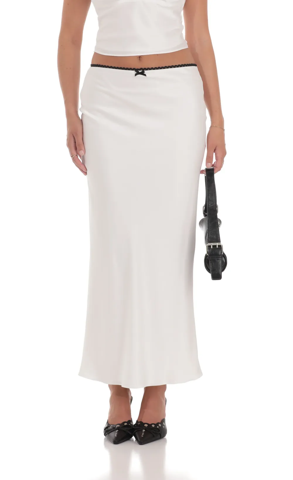 Satin Lace Two Piece Maxi Set in White