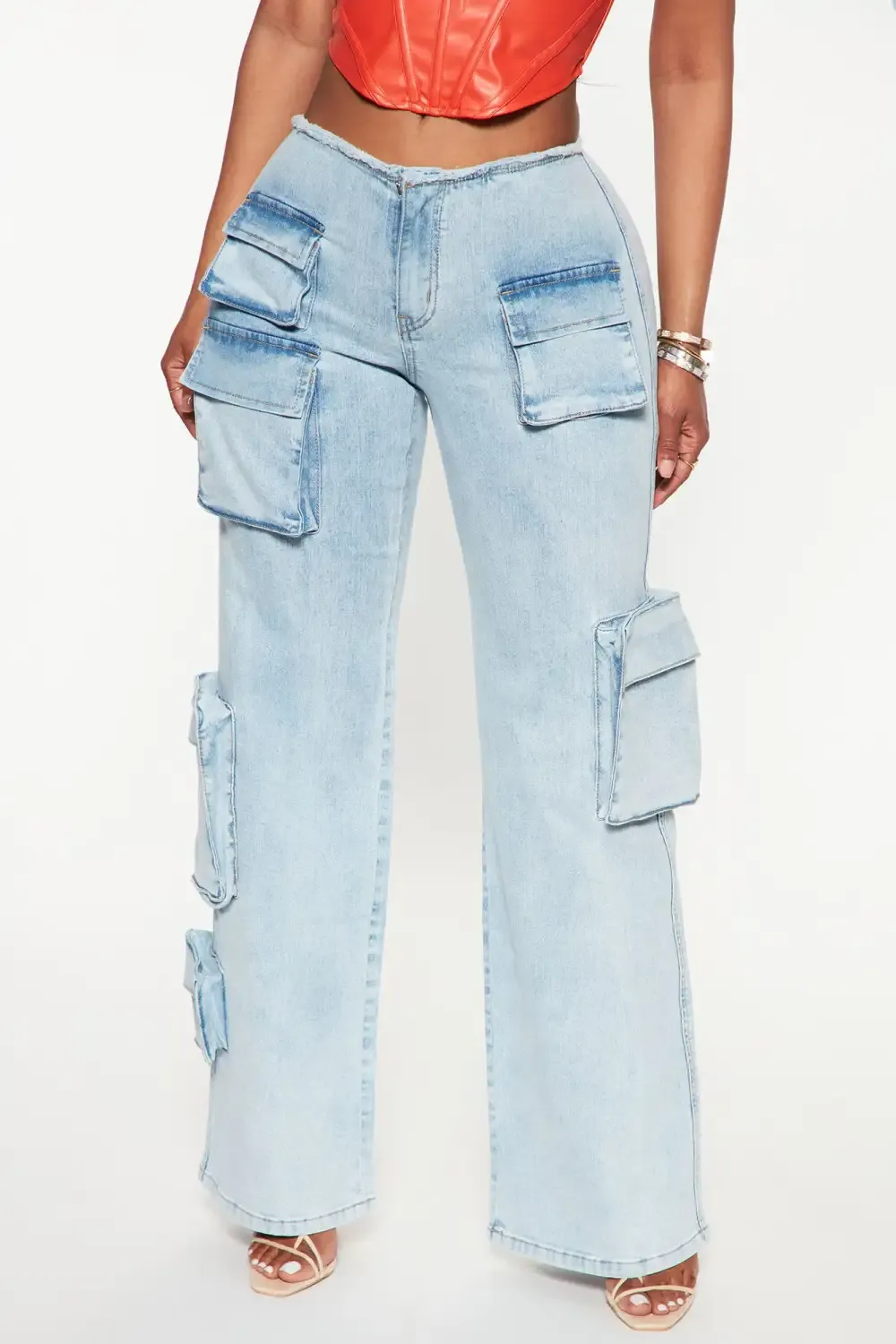 Kelly Cargo Low Rise Straight Jeans - Light Wash