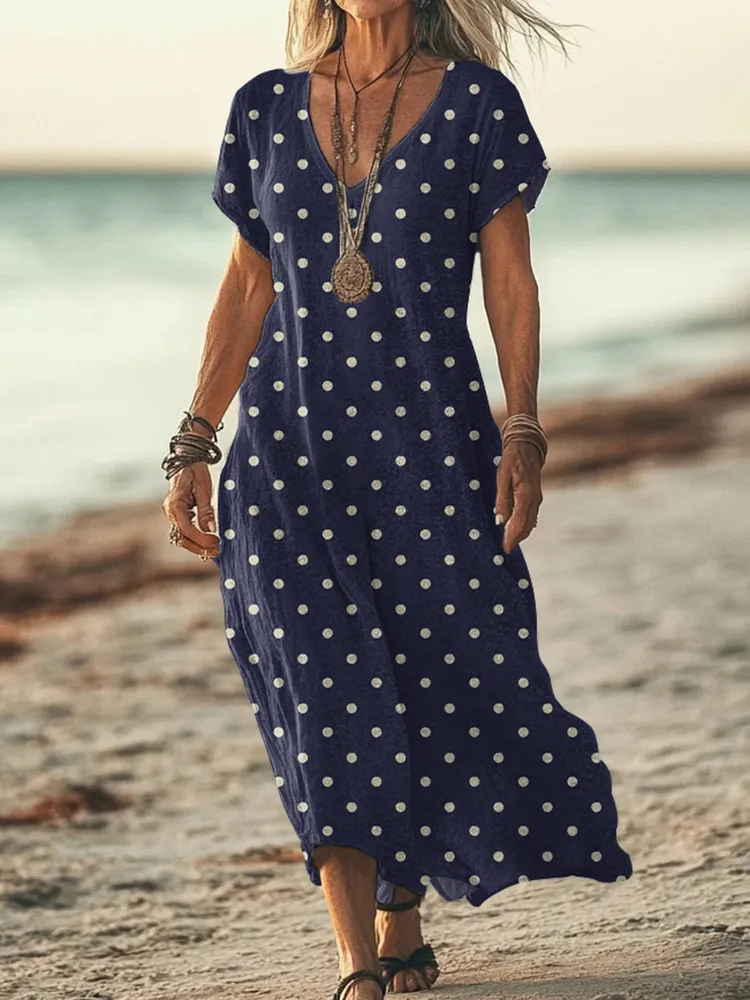 Polka Dot Print V-neck Short Sleeved Linen Blend Midi Dress