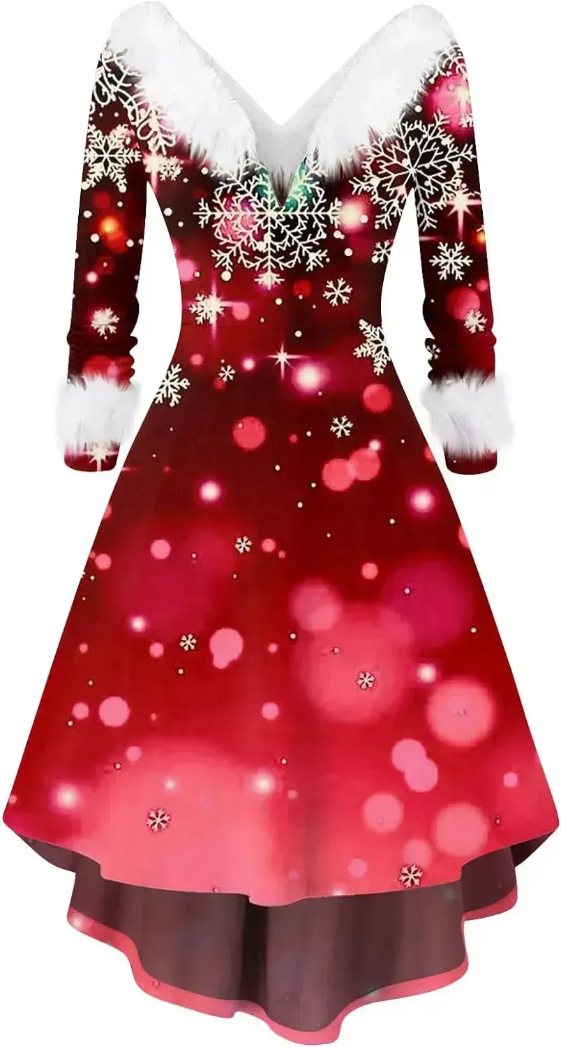 Womens Christmas Dress Fuzzy Mrs Claus Christmas Holiday Xmas Cocktail Holiday Party Flare Dress