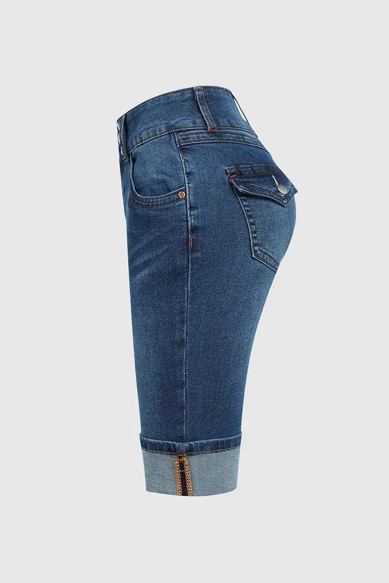Button Up Flap Pocket Roll Hem Low Rise Denim Bermuda Shorts