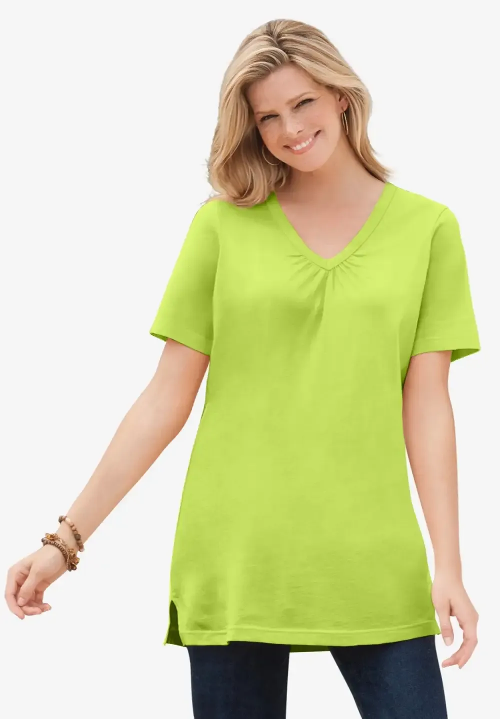 Perfect Short-Sleeve Shirred V-Neck Tunic