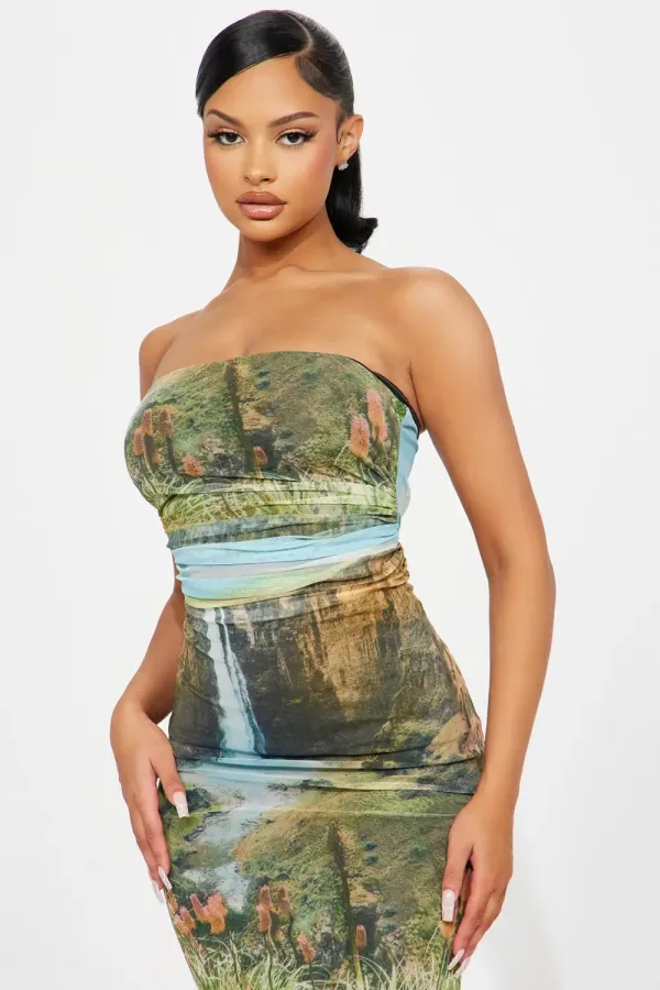 Perla Mesh Midi Dress - Brown Combo