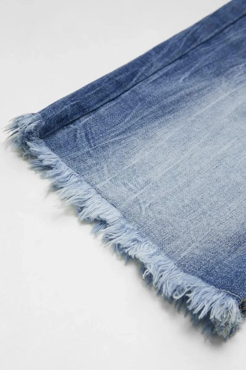 Ripped Raw Hem Mid Rise Denim Bermuda Shorts