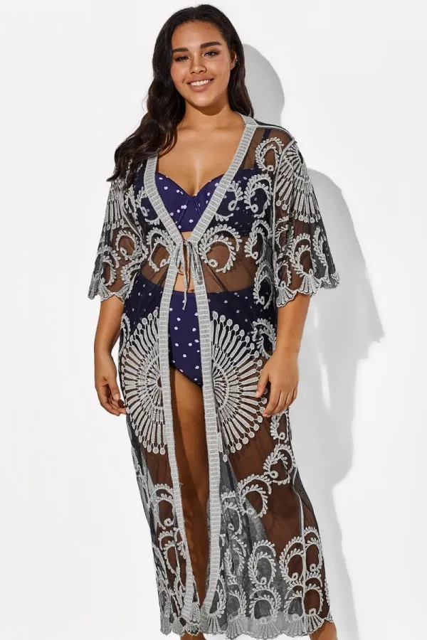 Black Long Sleeves Crochet Lace Cover Up