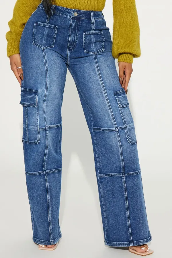 Never Stop Low Stretch Cargo Straight Leg Jeans - Dark Wash