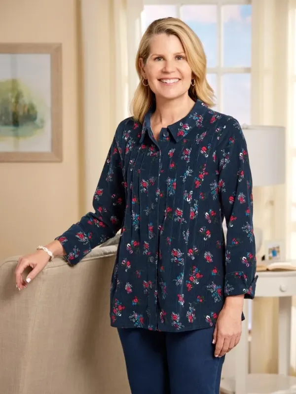 Women's Pintucked Floral Corduroy Tunic Top
