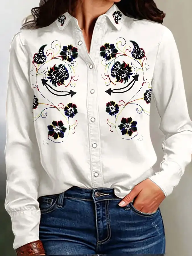 Women's Vintage Western Print Long Sleeve Shirt