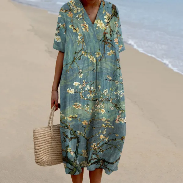 Vintage Floral Art Print Linen Blend Maxi Dress