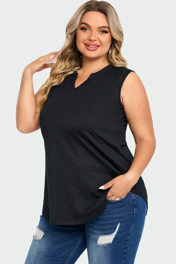 Solid Black Hem Sleeveless Notched V Neck Tank Top