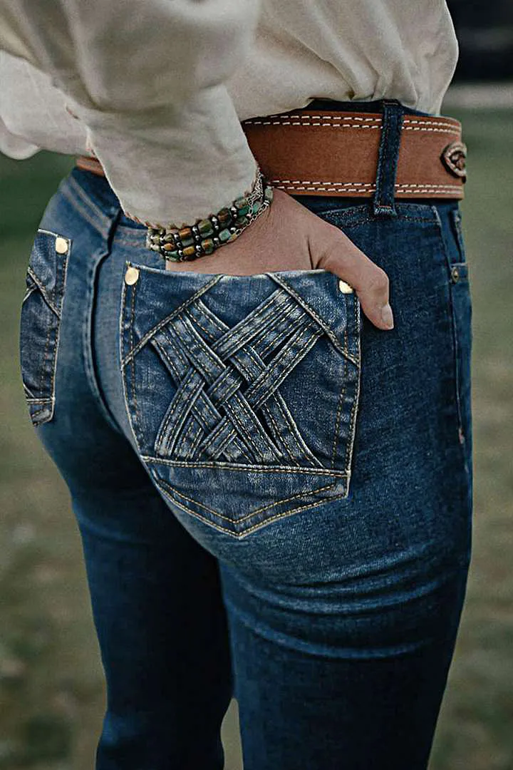 Wash Braided Decor Mid Rise Flare Jeans Without Belt