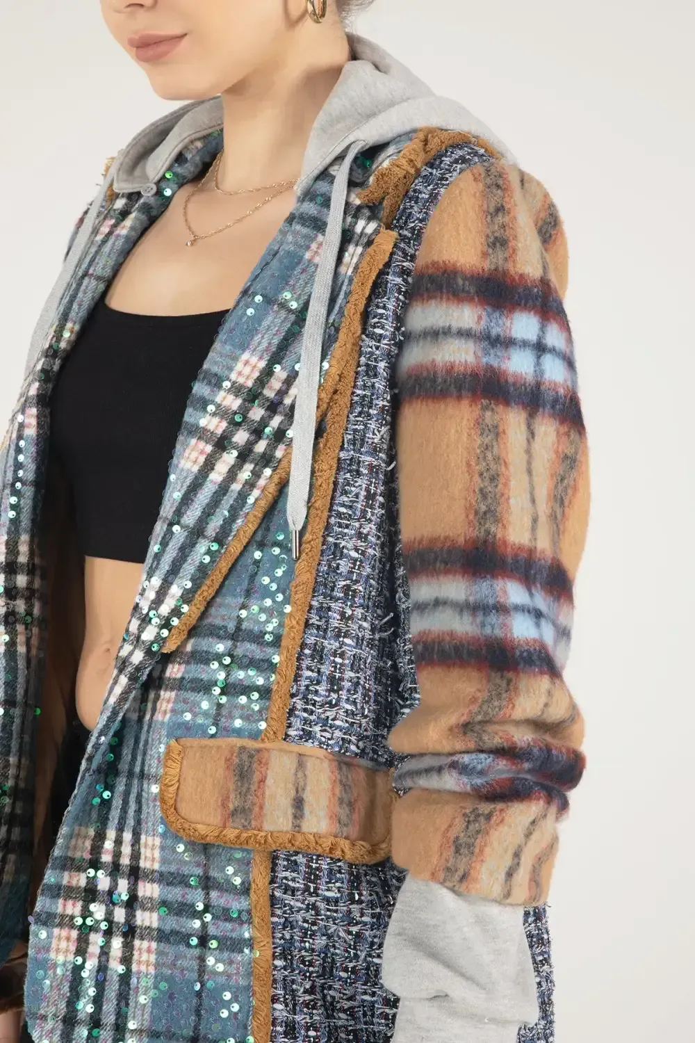 Mixed Fabric Hoodie Blazer