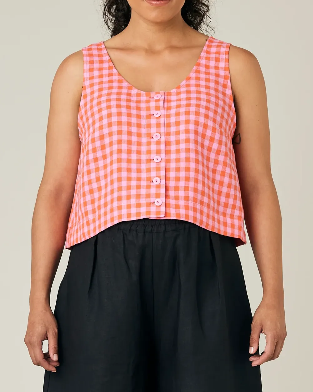 TOMATO & PINK CHECK LINEN TOP