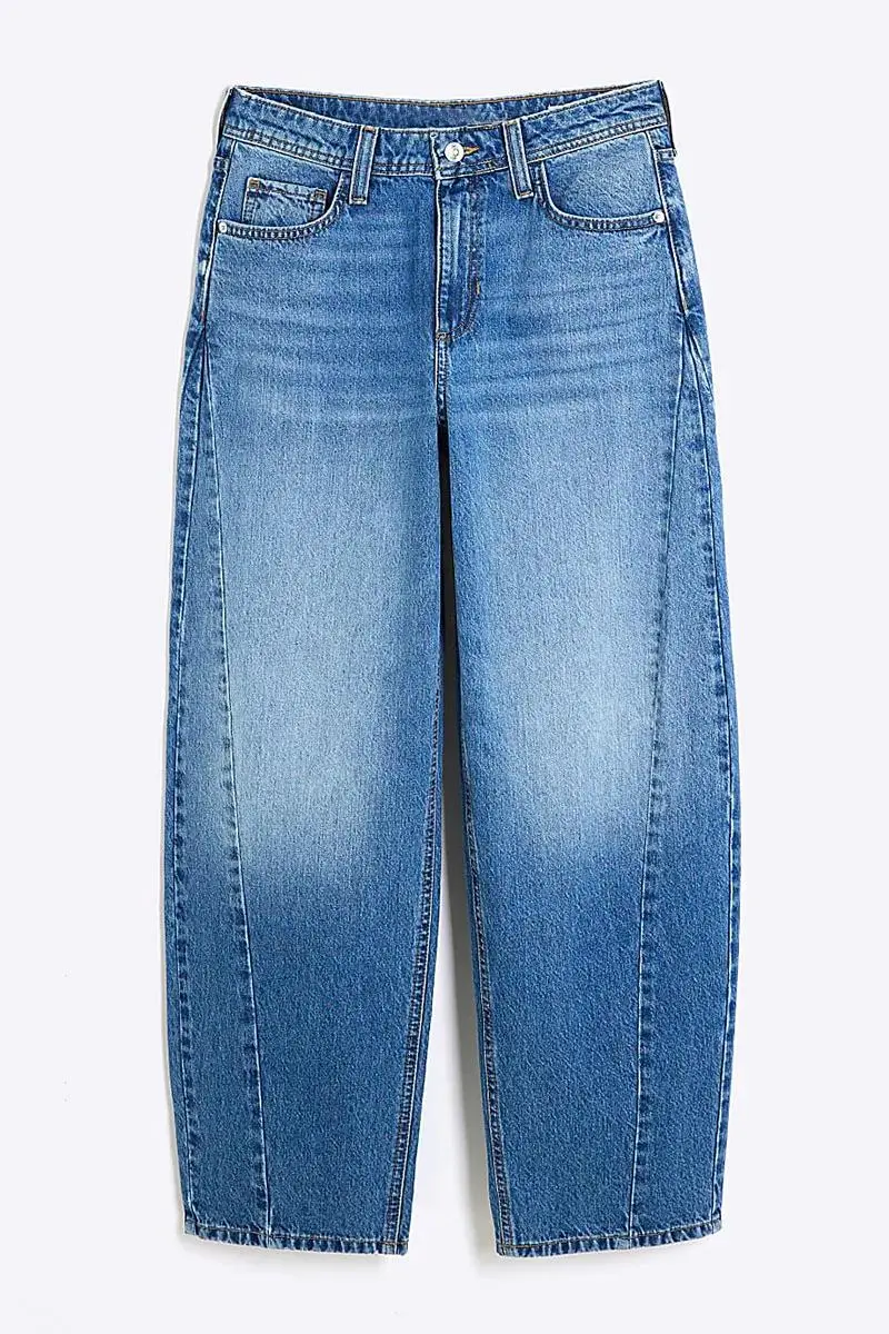 Wash Seam Front Mid Rise Barrel Leg Jeans