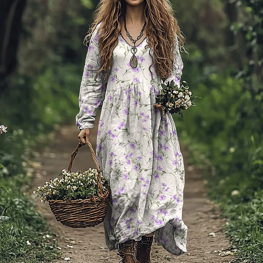 Vintage Wildflowers Floral Art Cozy Linen Blend Maxi Dress