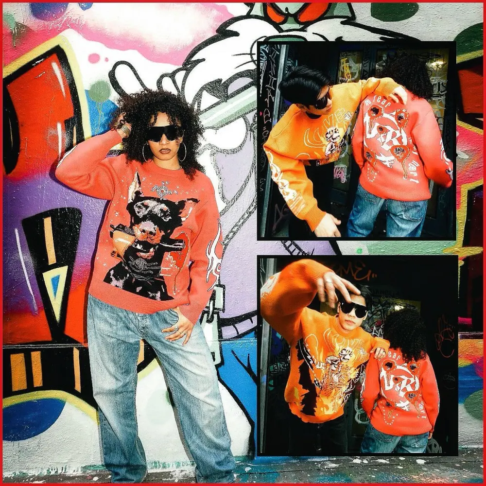 Couple Two Piece Orange and Yellow Sweater Renaissance Street Wear Fashion Printing Seasonal Trend Special Design