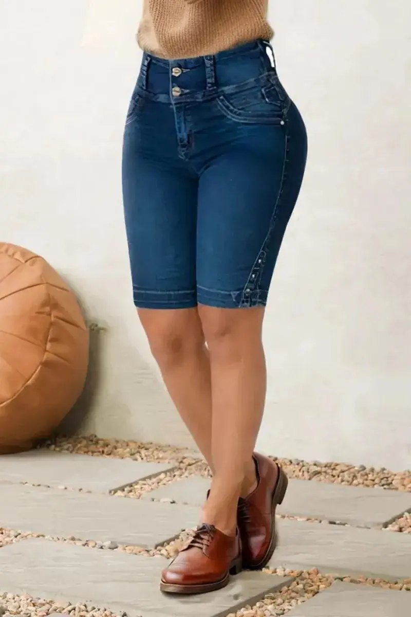 Wash Button Detail High Waist Bermuda Denim Shorts