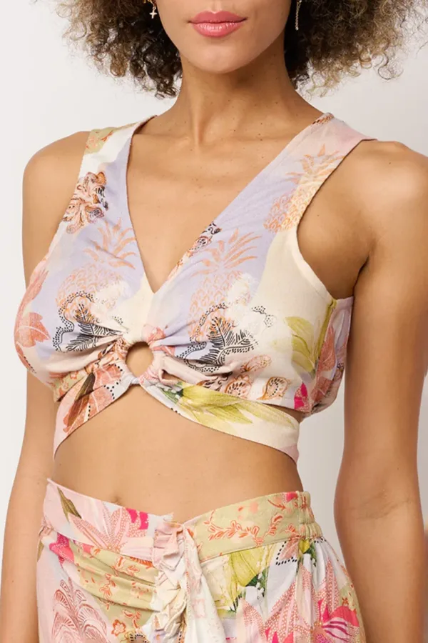 Multicolor Floral Print Knot Front Crop Top