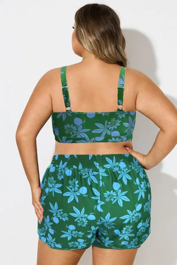 Plus Size Round Neck Black Patchwork Bikini Top