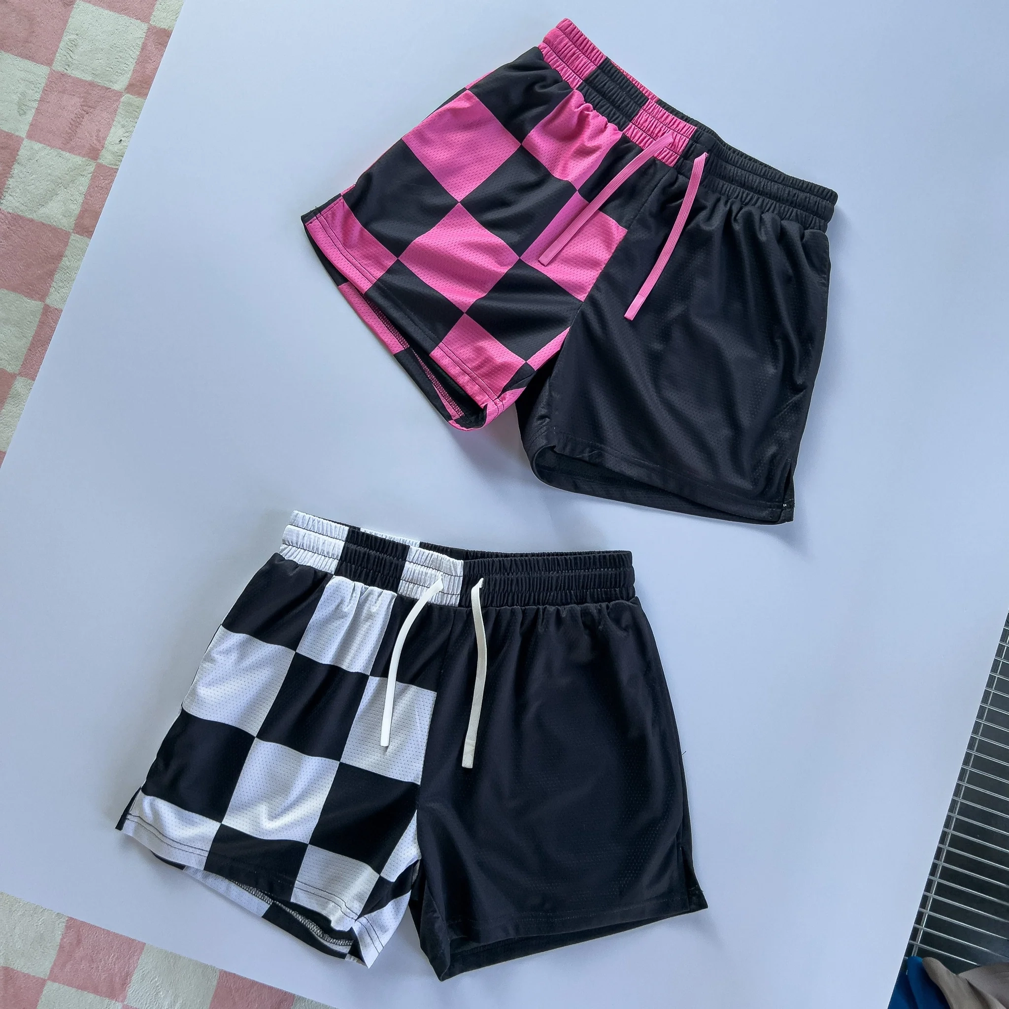 MUAY THAI SHORTS (MID THIGH CUT) CHECKER - BLACK / WHITE