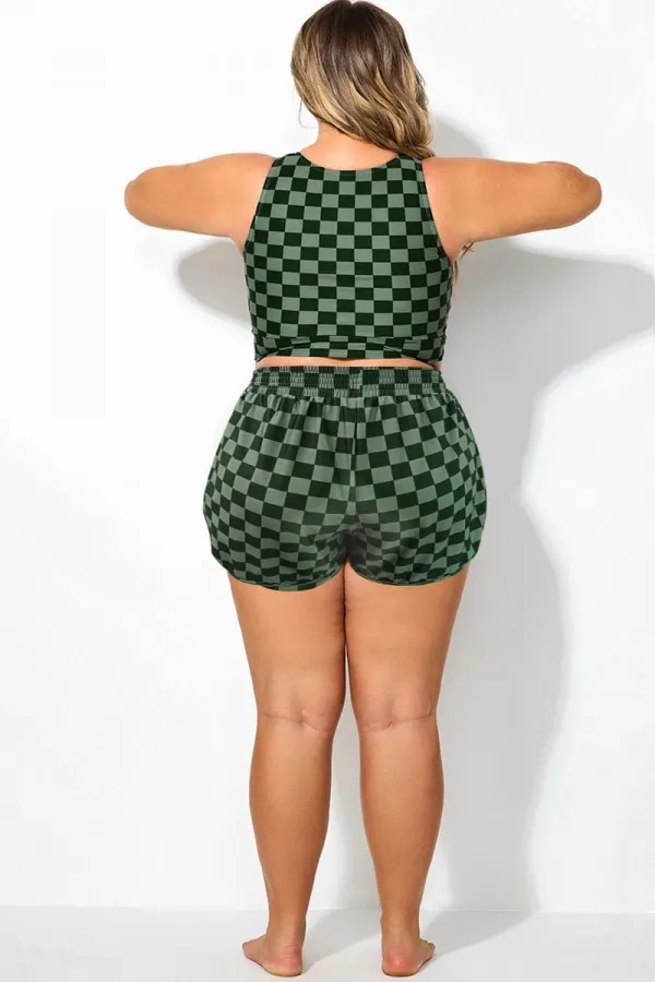 Plus Size Green Check Mid Waist Women Shorts
