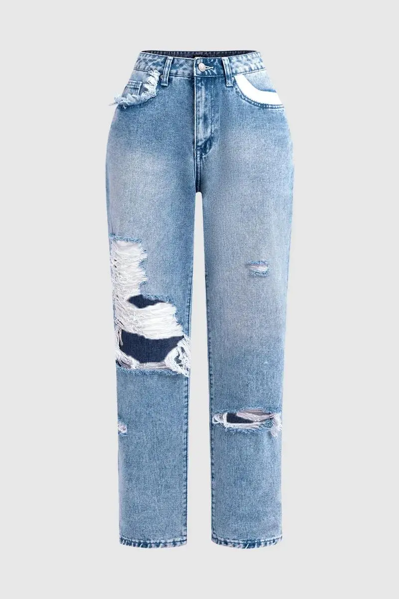 Cut Out Slant Pocket Low Waist Straight Leg Jeans